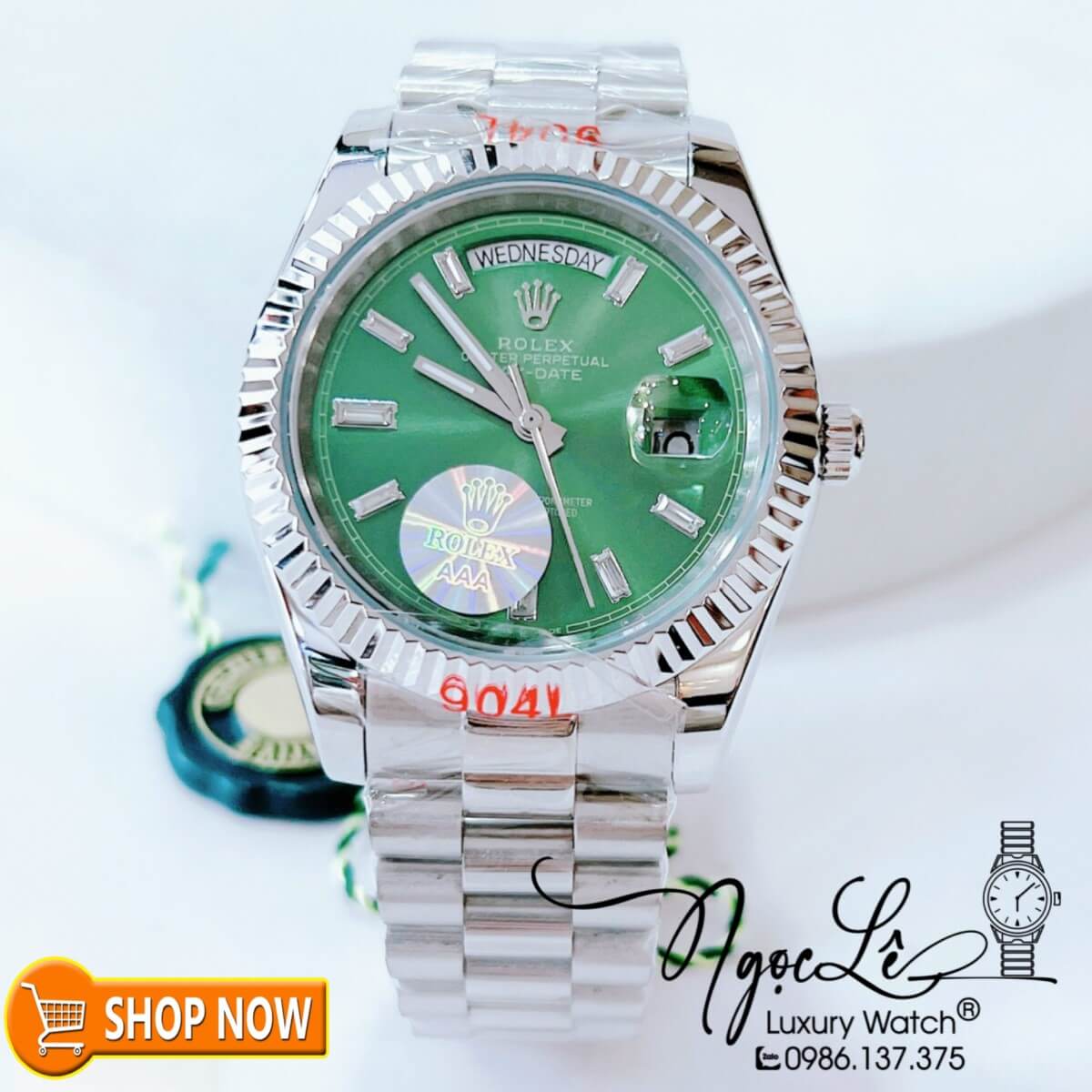 Đồng Hồ Rolex Day-Date Automatic Nam Dây Bạc Mặt Xanh Lá Size 41mm Vạch Đá