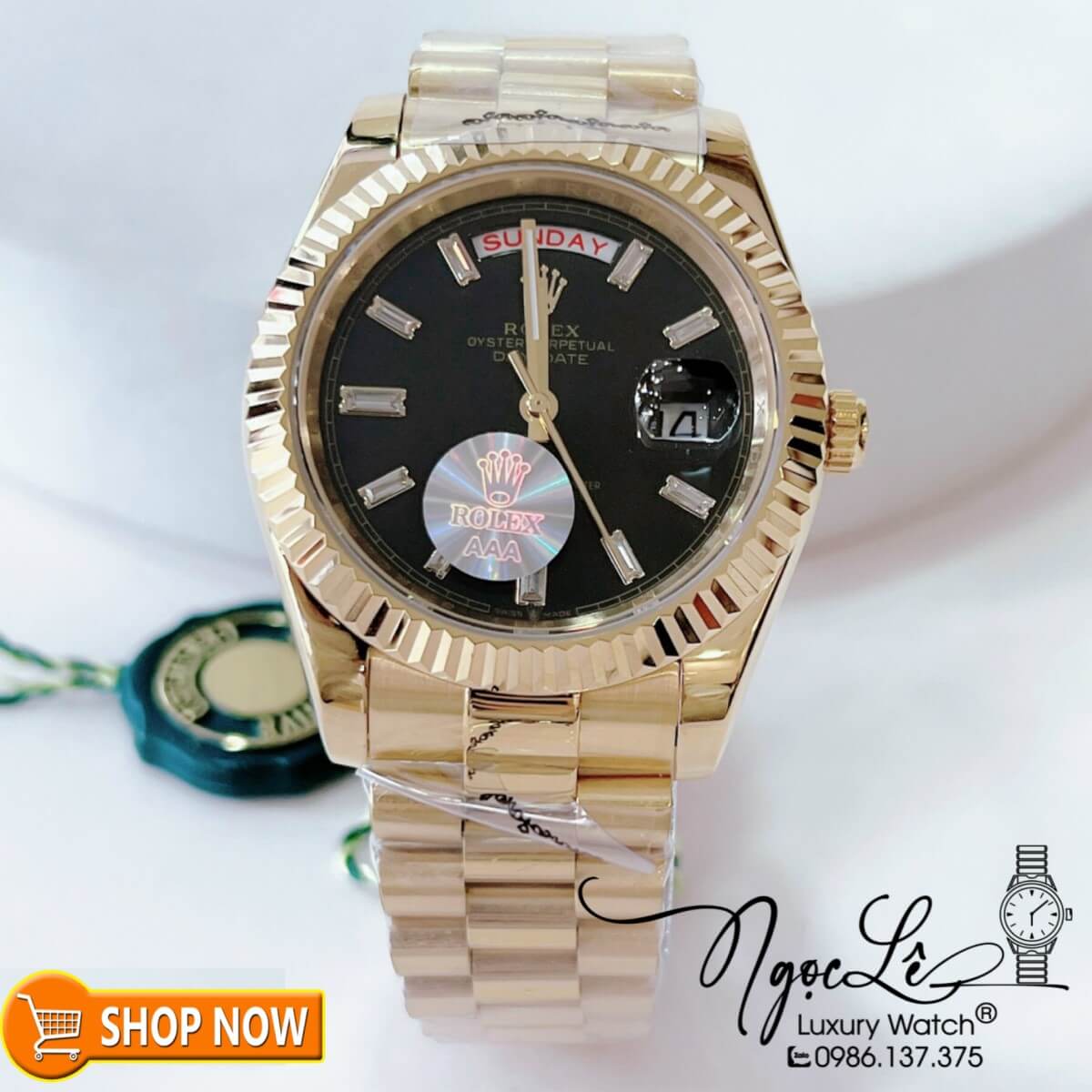 Đồng Hồ Rolex Day-Date Automatic Nam Dây Vàng Mặt Đen Size 41mm Vạch Đá