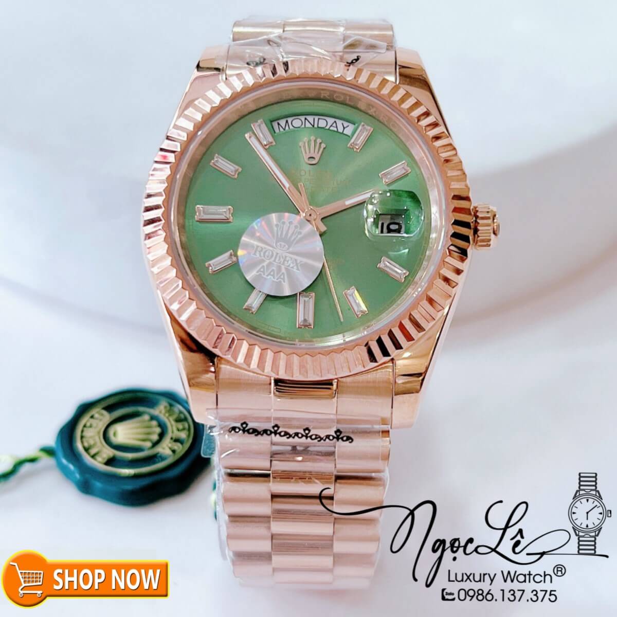 Đồng Hồ Rolex Day-Date Automatic Nam Dây Vàng Hồng Mặt Xanh Size 41mm Vạch Đá