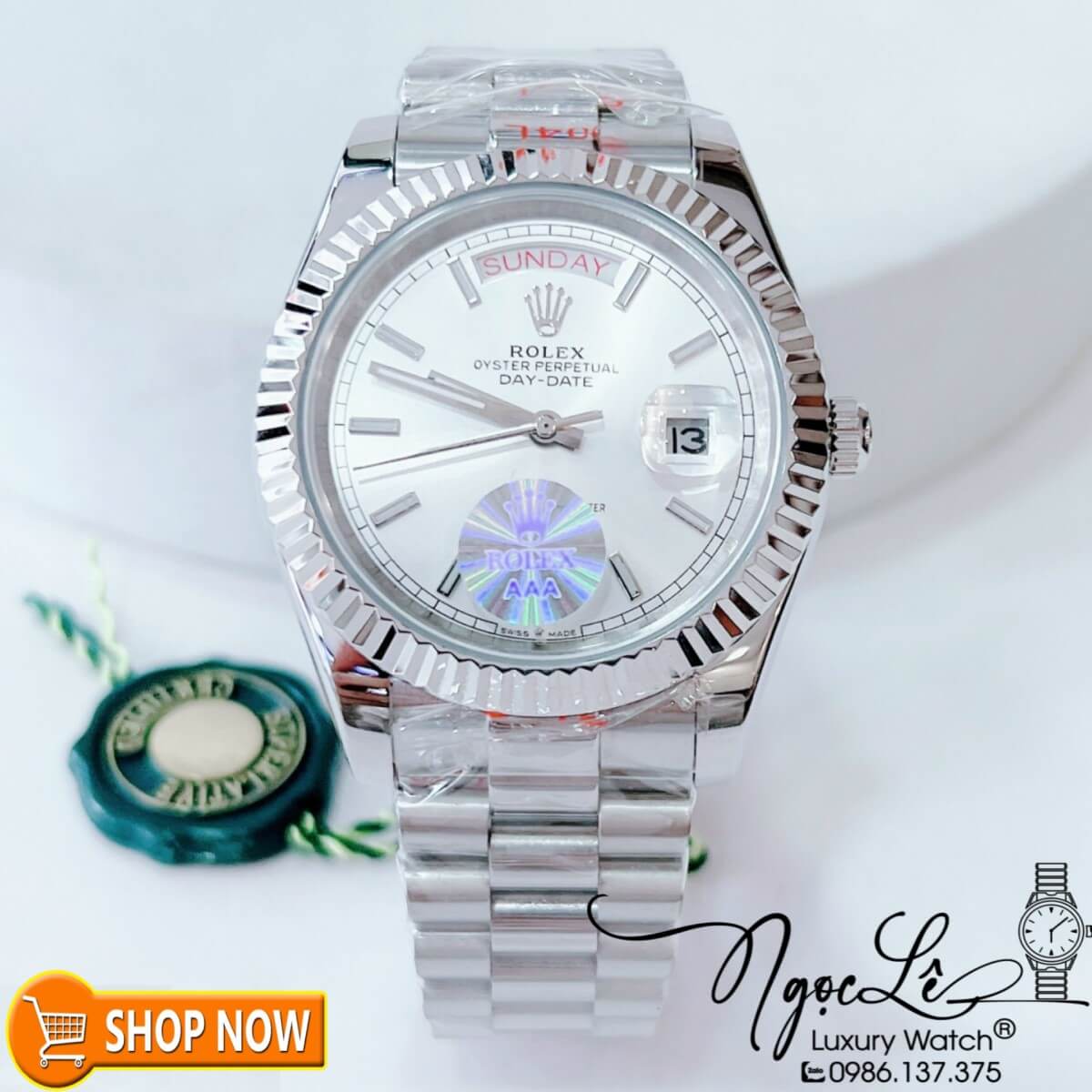 Đồng Hồ Rolex Day-Date Automatic Nam Dây Bạc Mặt Trắng Size 41mm Vạch Đá