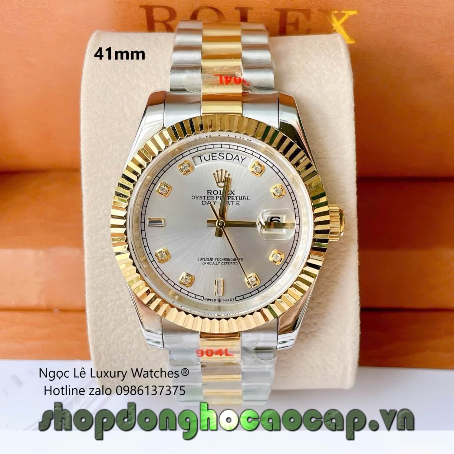 Đồng Hồ Rolex Day-Date Cơ Tự Động Dây Demi Vàng Mặt Trắng Size 41mm - Niềng Khía