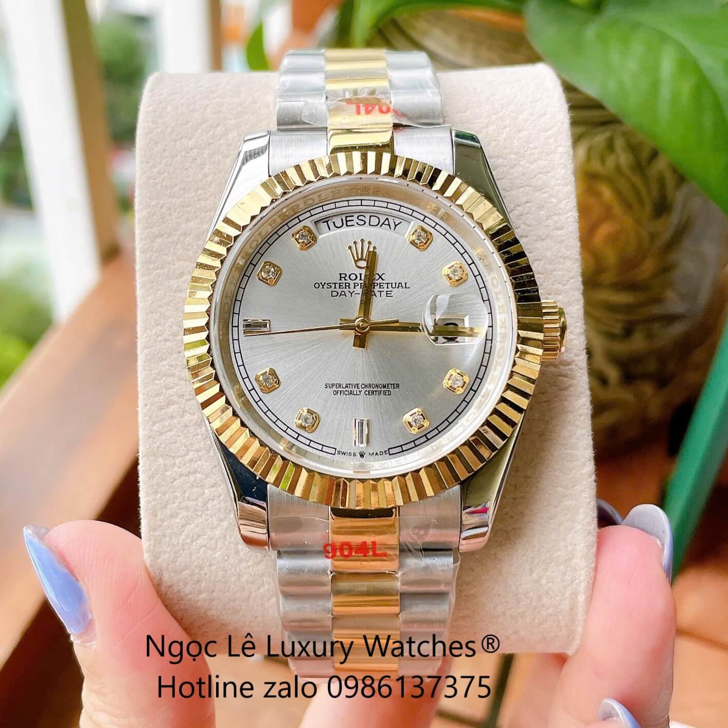 Đồng Hồ Rolex Day-Date Cơ Tự Động Dây Demi Vàng Mặt Trắng Size 41mm - Niềng Khía