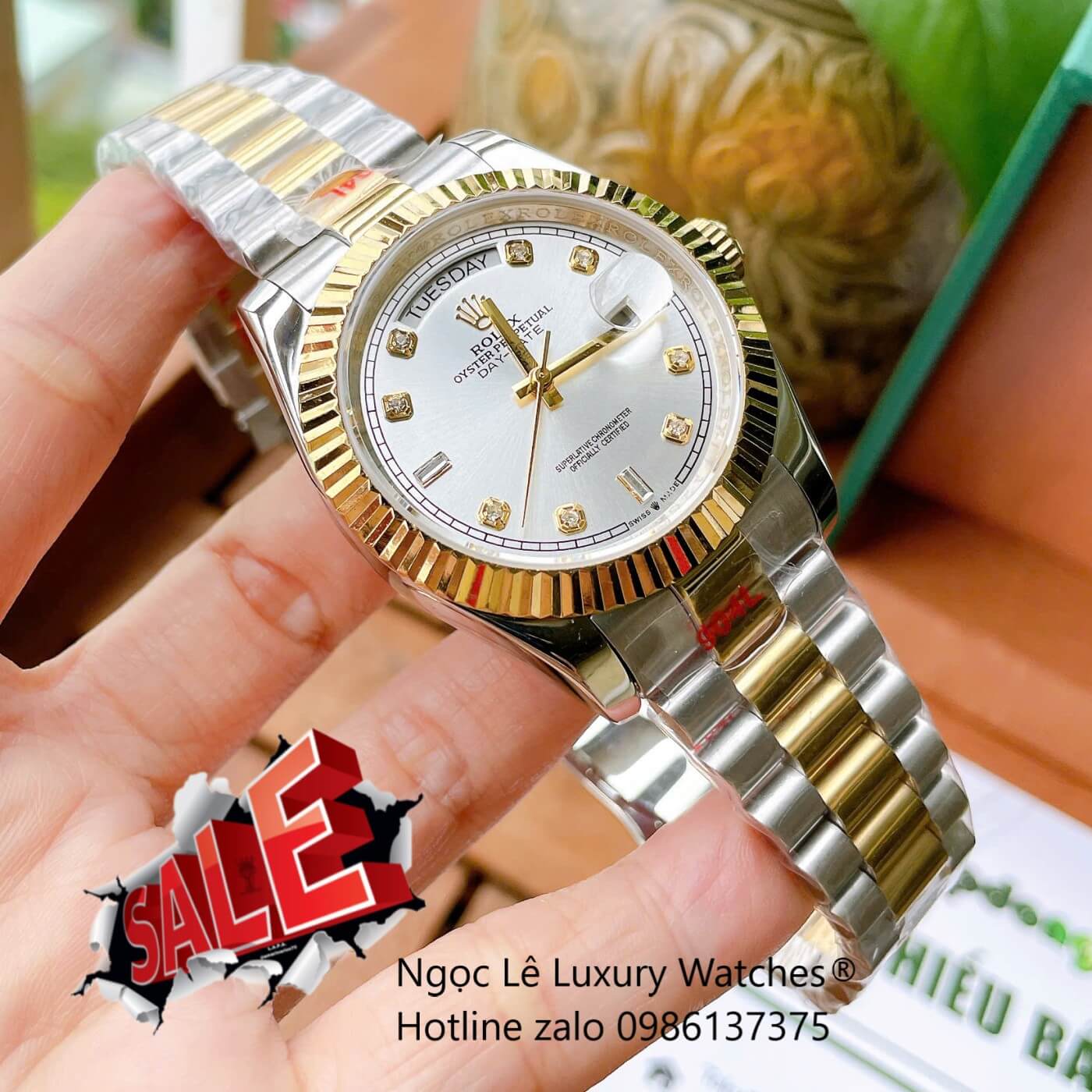 Đồng Hồ Rolex Day-Date Cơ Tự Động Dây Demi Vàng Mặt Trắng Size 41mm - Niềng Khía