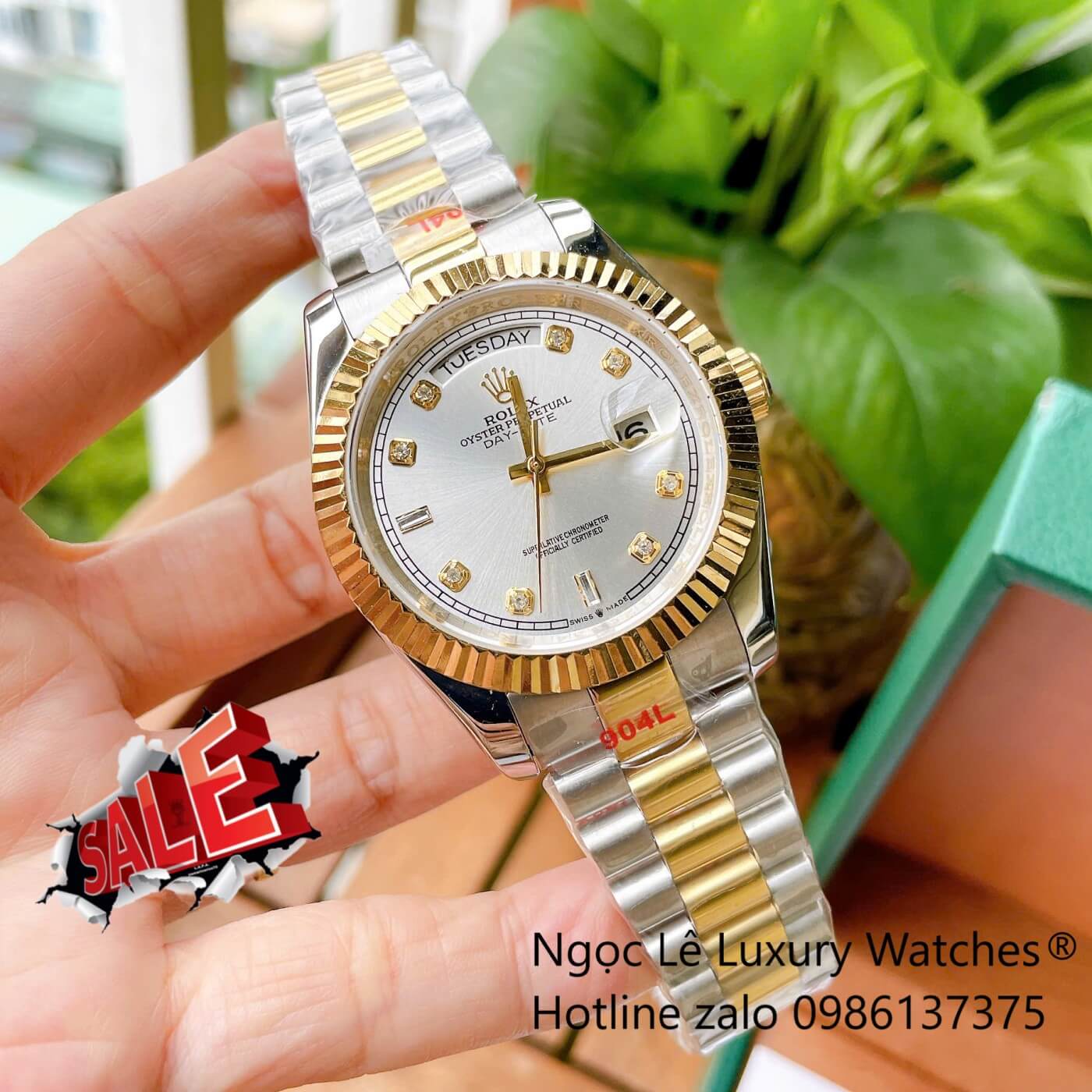 Đồng Hồ Rolex Day-Date Cơ Tự Động Dây Demi Vàng Mặt Trắng Size 41mm - Niềng Khía