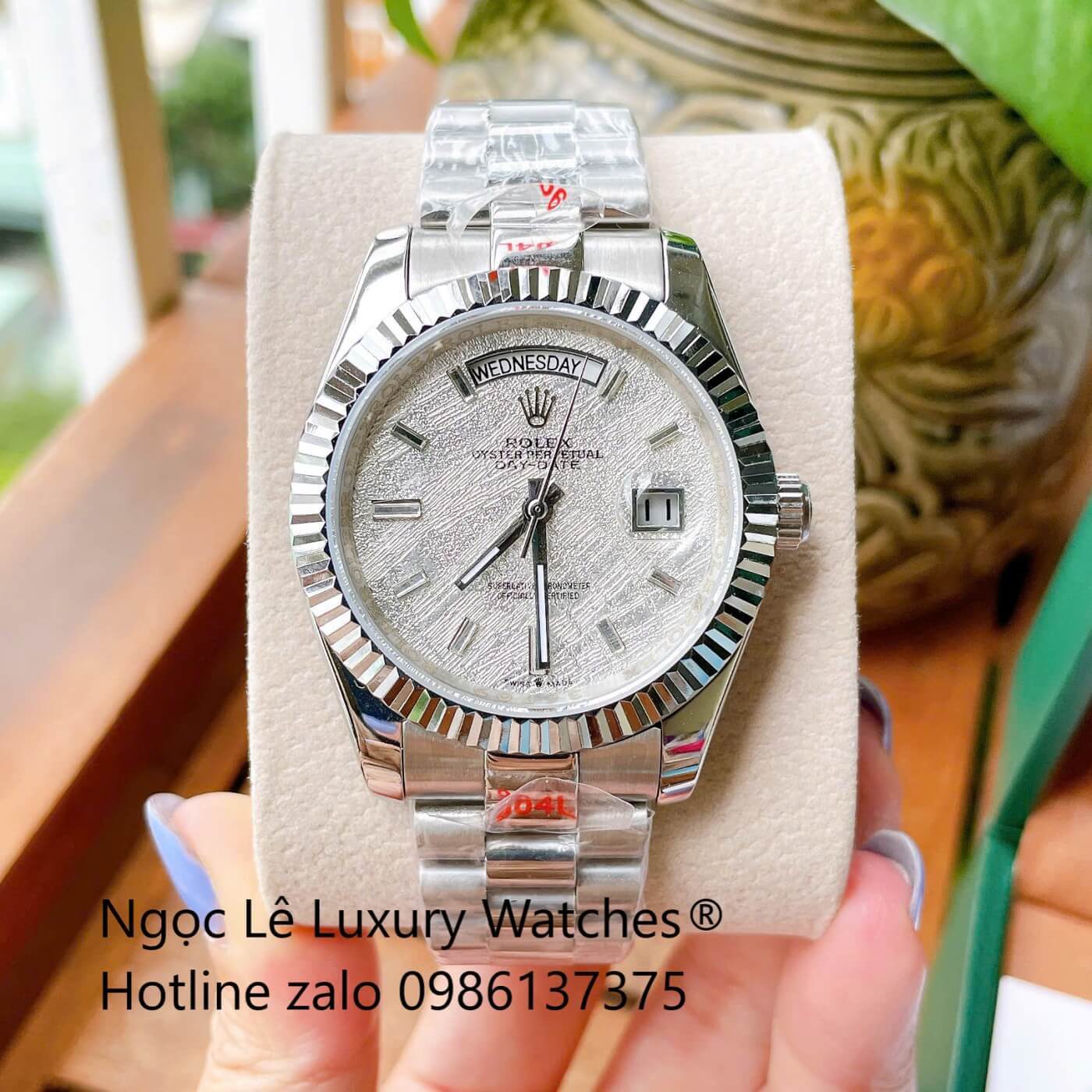 Đồng Hồ Rolex Day-Date Cơ Tự Động Dây Thép Silver Mặt Thiên Thạch Size 41mm - Niềng Khía