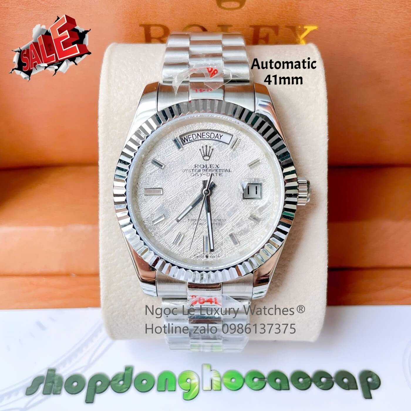 Đồng Hồ Rolex Day-Date Cơ Tự Động Dây Thép Silver Mặt Thiên Thạch Size 41mm - Niềng Khía