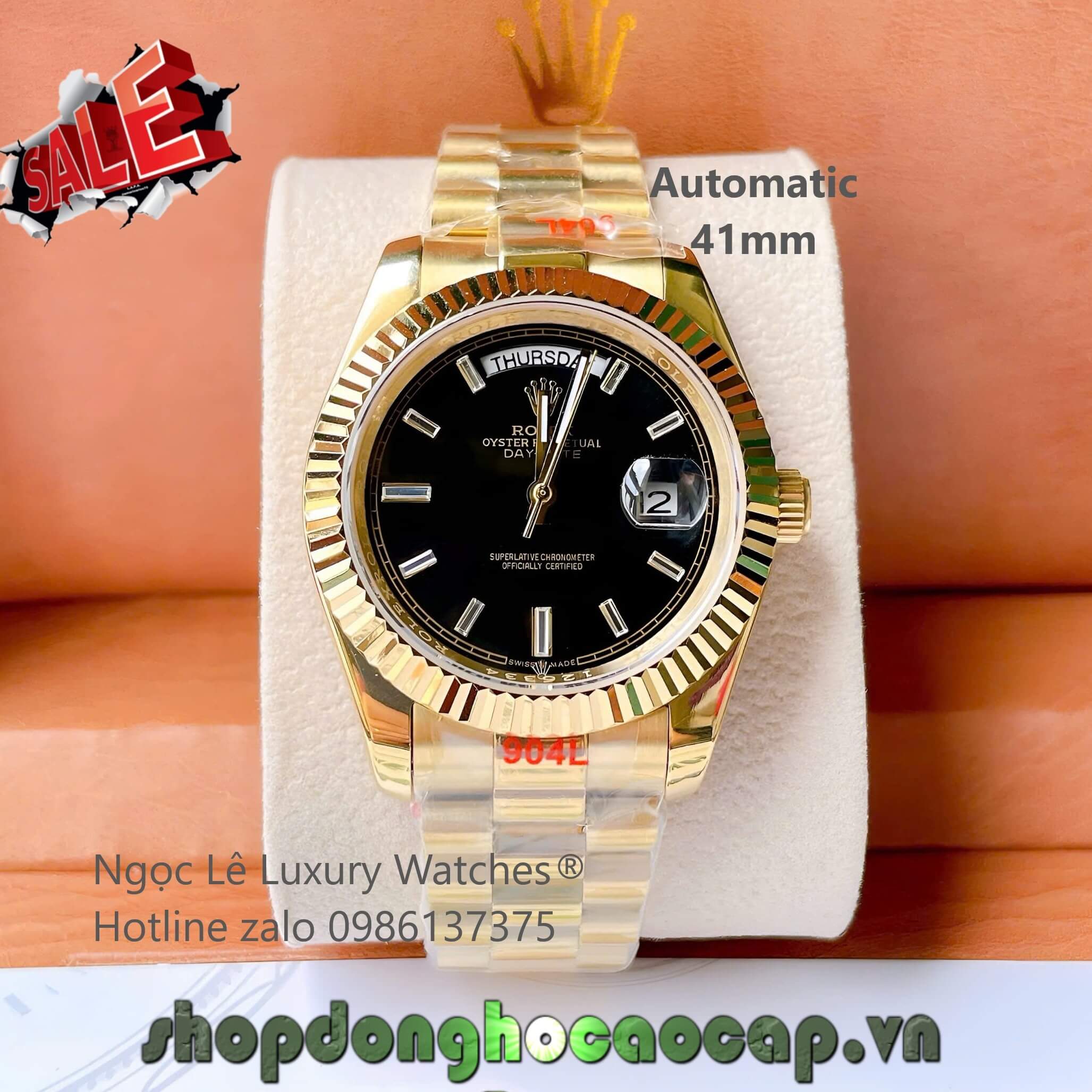 Đồng Hồ Rolex Day-Date Cơ Tự Động Dây Thép Vàng Mặt Đen Size 41mm - Niềng Khía