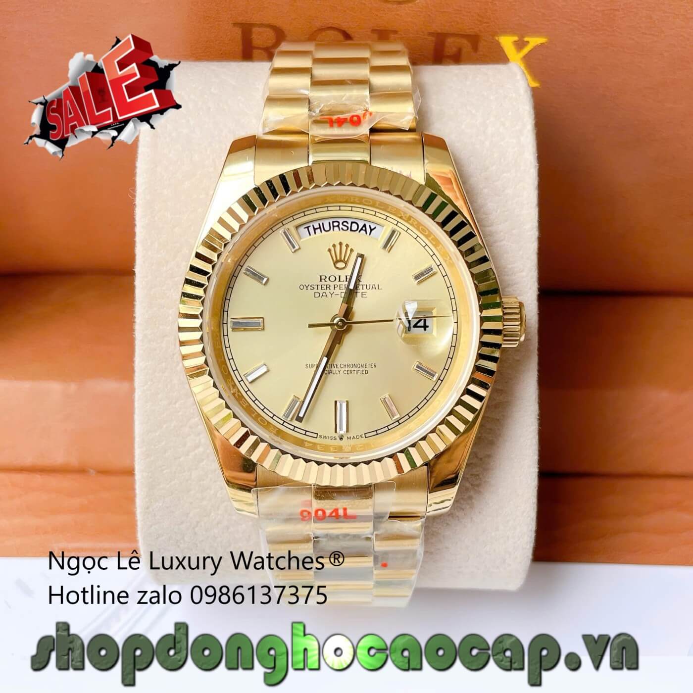 Đồng Hồ Rolex Day-Date Cơ Tự Động Dây Thép Vàng Mặt Vàng Size 41mm - Niềng Khía