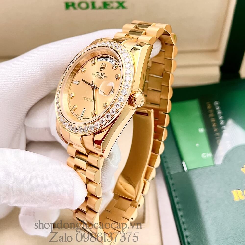 Đồng Hồ Rolex Day-Date Nam Automatic (Tự Động) Viền Đá Gold 41mm