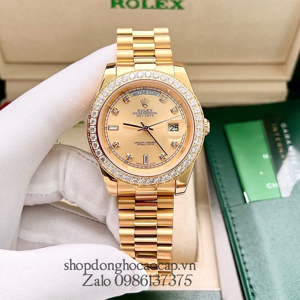 Đồng Hồ Rolex Day-Date Nam Automatic (Tự Động) Viền Đá Gold 41mm