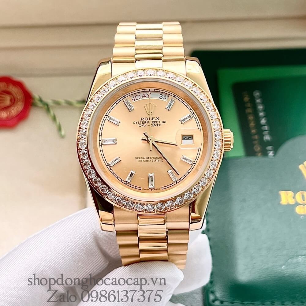 Đồng Hồ Rolex Day-Date Nam Automatic (Tự Động) Viền Đá Gold 41mm