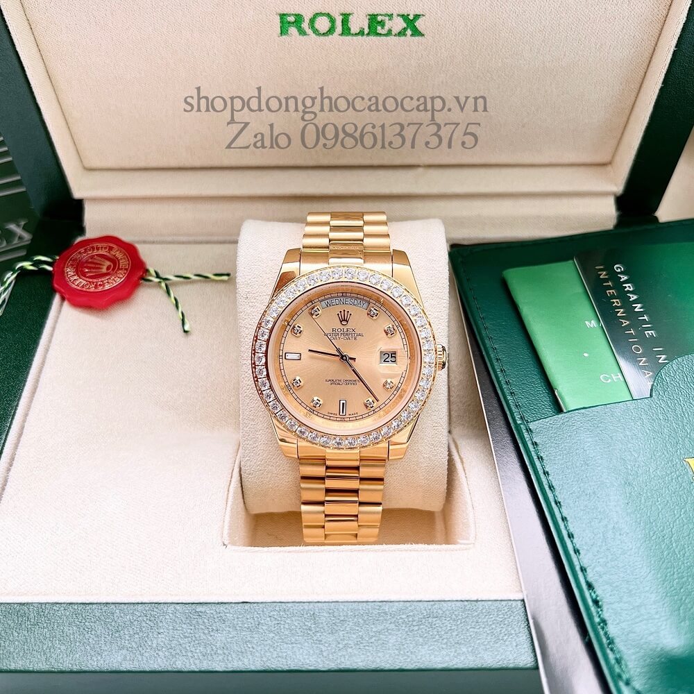 Đồng Hồ Rolex Day-Date Nam Automatic (Tự Động) Viền Đá Gold 41mm