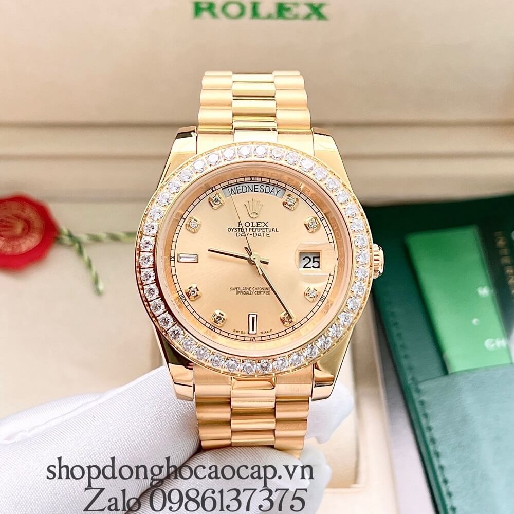 Đồng Hồ Rolex Day-Date Nam Automatic (Tự Động) Viền Đá Gold 41mm