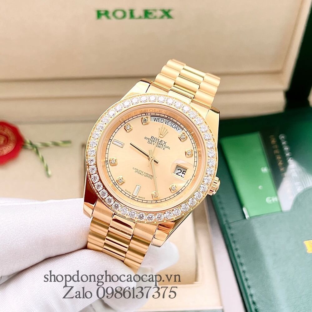 Đồng Hồ Rolex Day-Date Nam Automatic (Tự Động) Viền Đá Gold 41mm