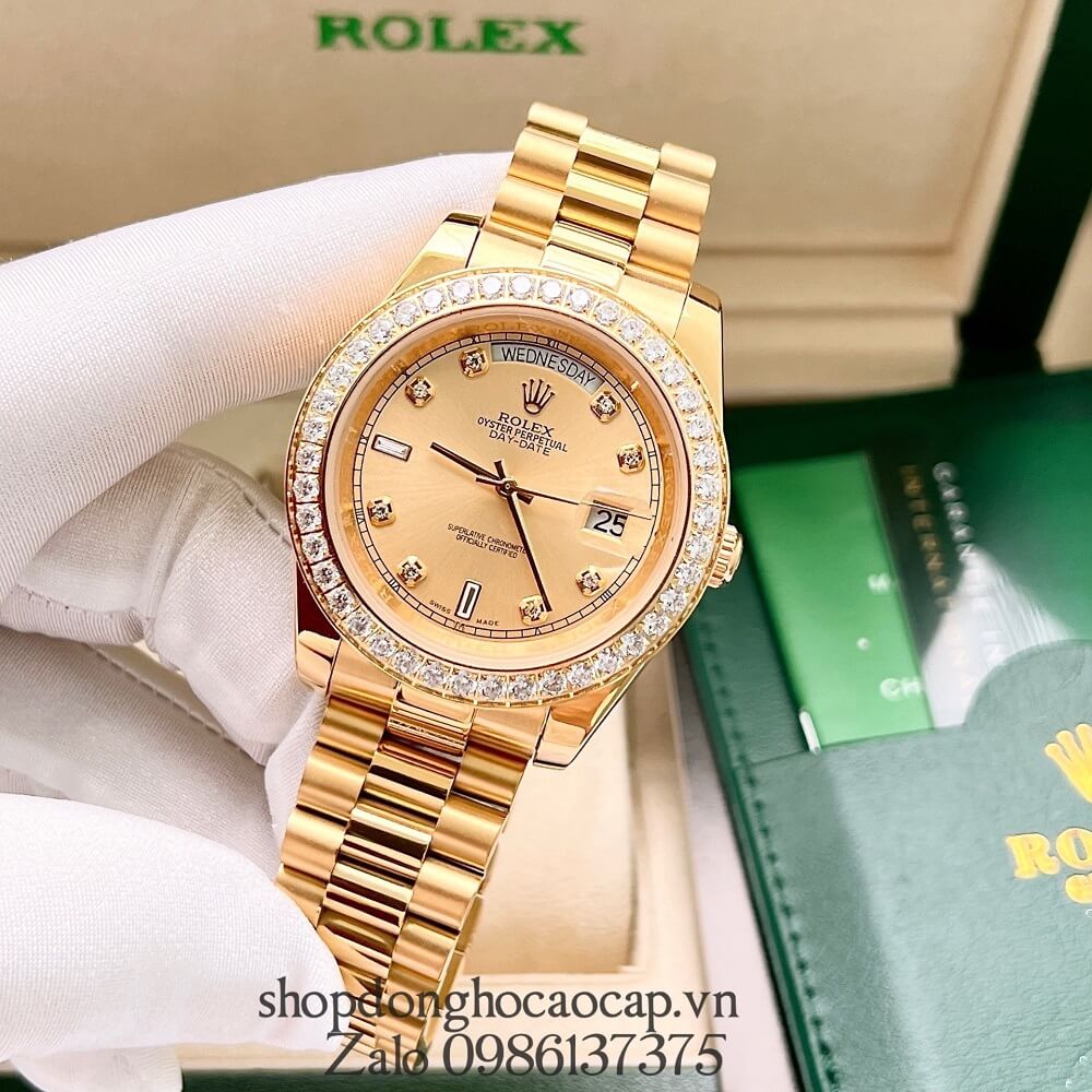 Đồng Hồ Rolex Day-Date Nam Automatic (Tự Động) Viền Đá Gold 41mm