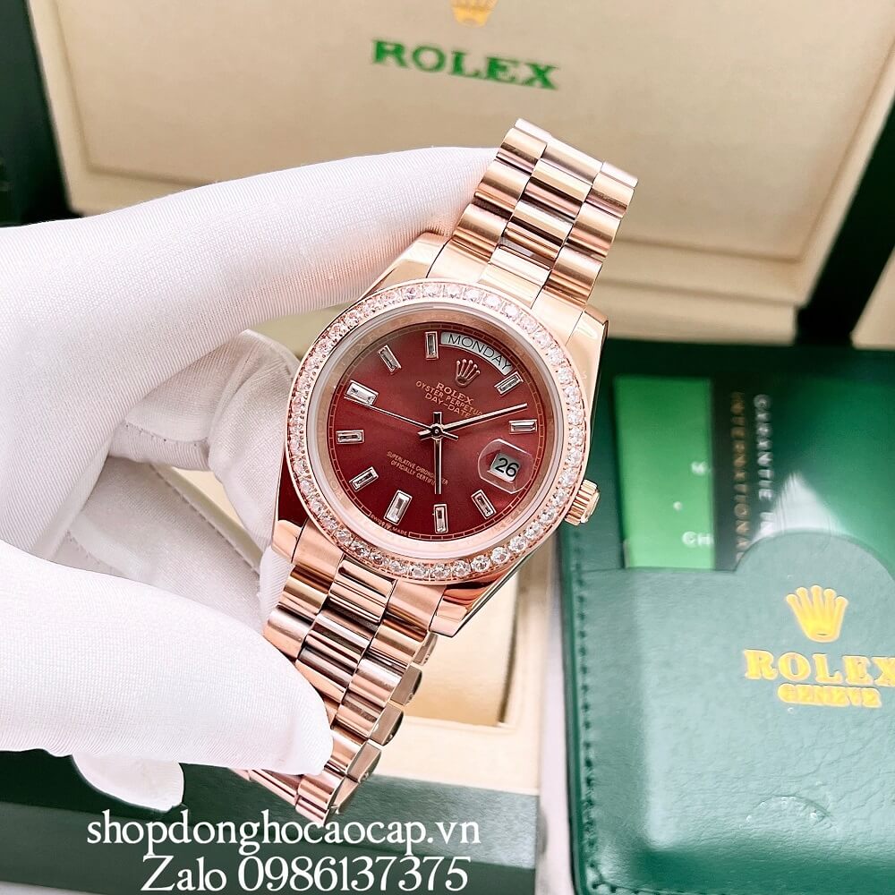 Đồng Hồ Rolex Day-Date Nam Automatic (Tự Động) Viền Đá Rose Gold Mặt Nâu 41mm