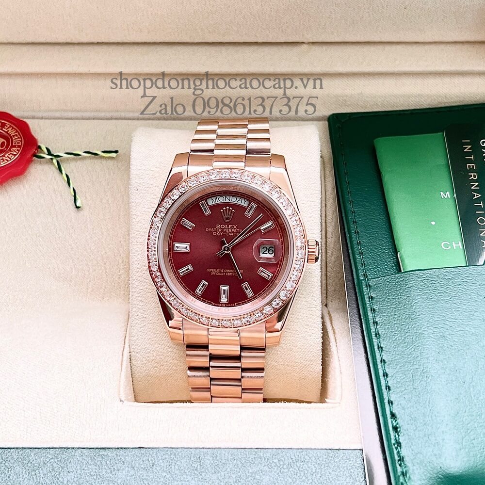 Đồng Hồ Rolex Day-Date Nam Automatic (Tự Động) Viền Đá Rose Gold Mặt Nâu 41mm