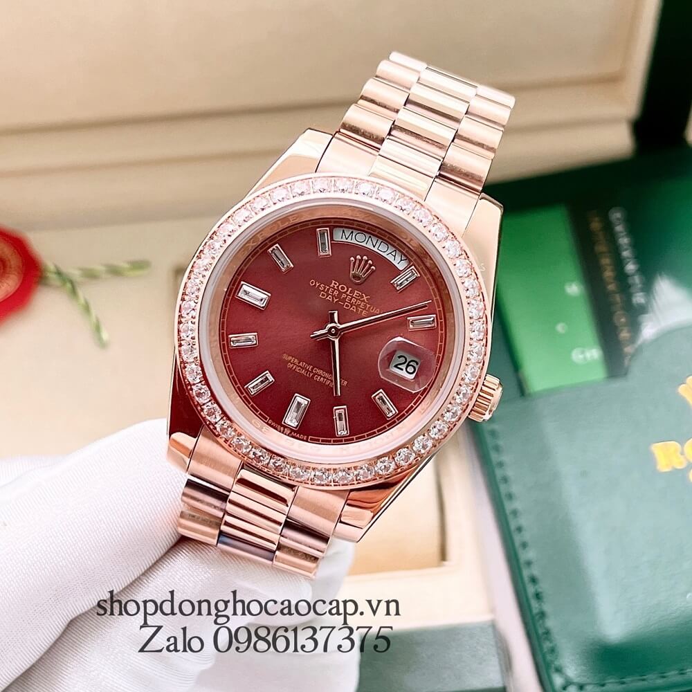 Đồng Hồ Rolex Day-Date Nam Automatic (Tự Động) Viền Đá Rose Gold Mặt Nâu 41mm