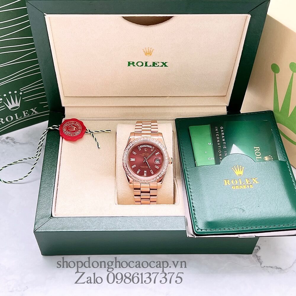 Đồng Hồ Rolex Day-Date Nam Automatic (Tự Động) Viền Đá Rose Gold Mặt Nâu 41mm