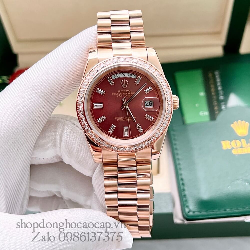 Đồng Hồ Rolex Day-Date Nam Automatic (Tự Động) Viền Đá Rose Gold Mặt Nâu 41mm