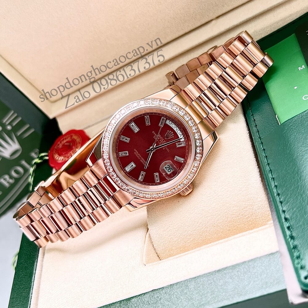 Đồng Hồ Rolex Day-Date Nam Automatic (Tự Động) Viền Đá Rose Gold Mặt Nâu 41mm