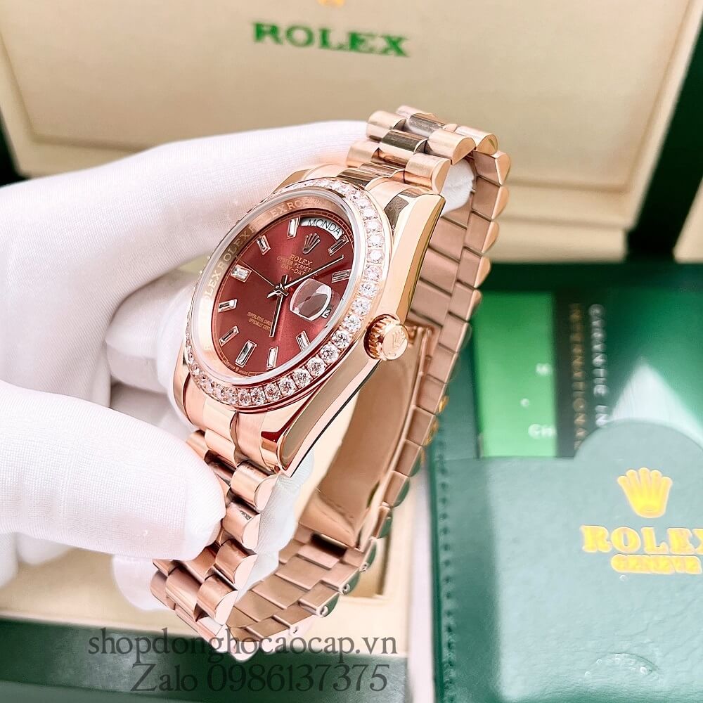 Đồng Hồ Rolex Day-Date Nam Automatic (Tự Động) Viền Đá Rose Gold Mặt Nâu 41mm