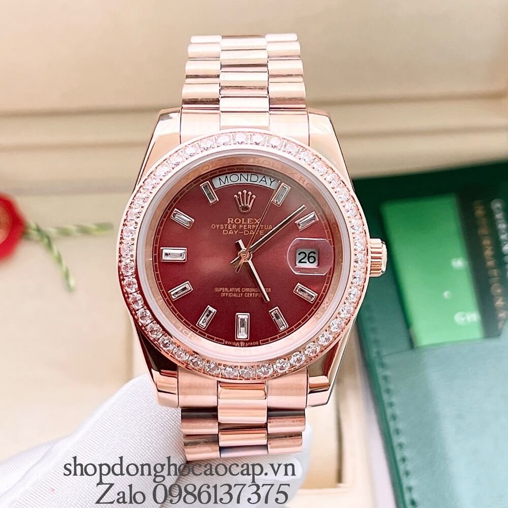 Đồng Hồ Rolex Day-Date Nam Automatic (Tự Động) Viền Đá Rose Gold Mặt Nâu 41mm