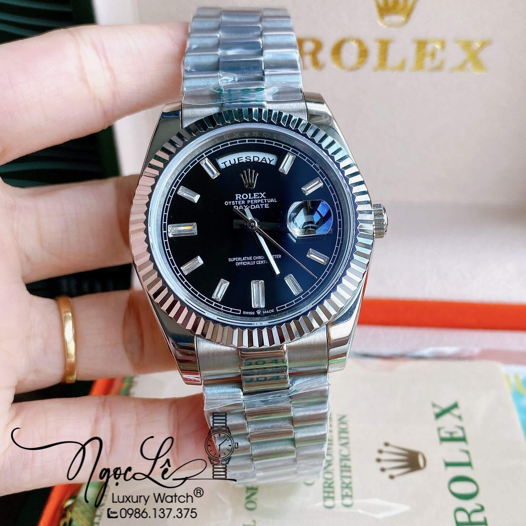 Đồng Hồ Rolex Day-Date Automatic Nam Dây Kim Loại Bạc Mặt Đen Niềng Khía Size 41mm