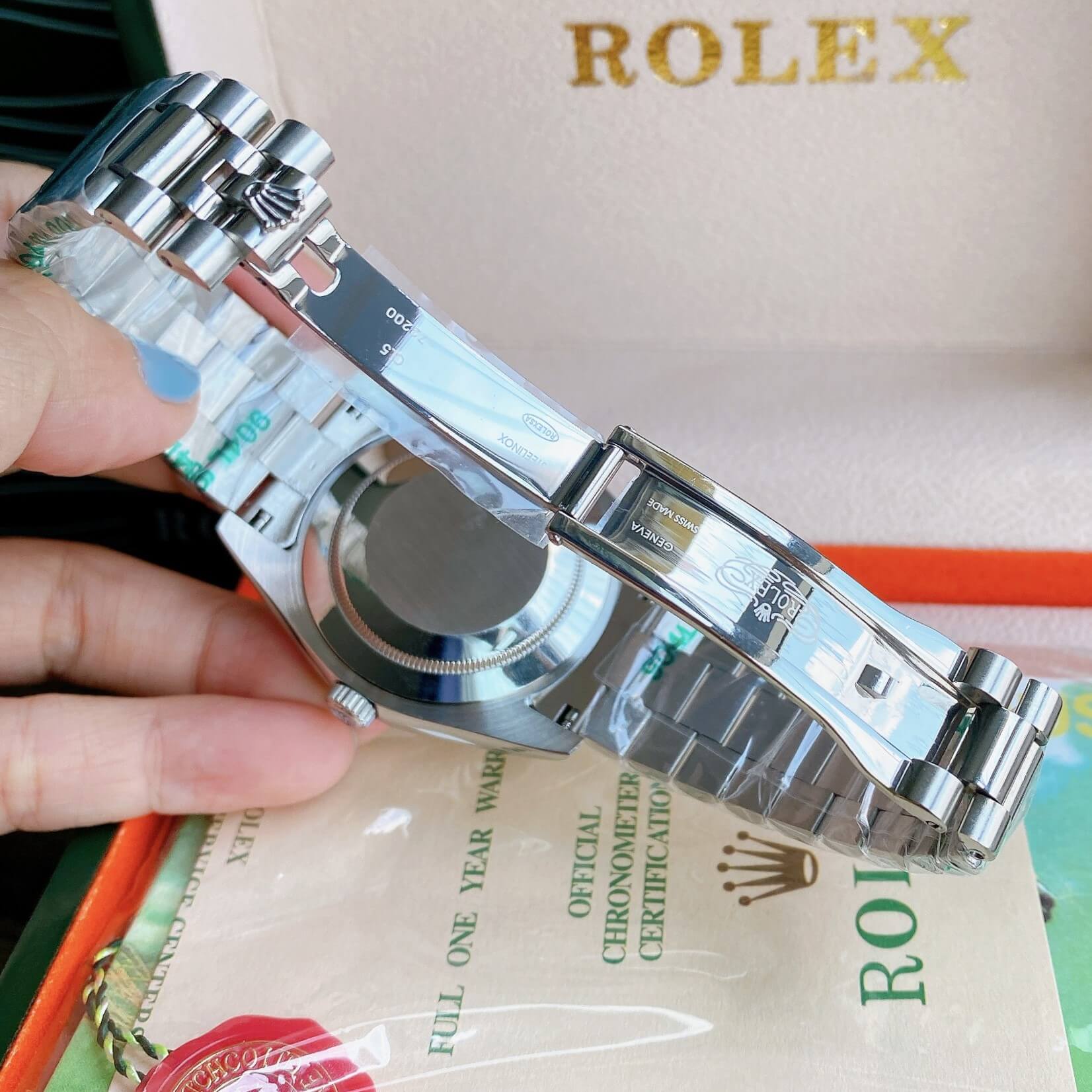 Đồng Hồ Rolex Day-Date Automatic Nam Dây Kim Loại Bạc Mặt Đen Niềng Khía Size 41mm