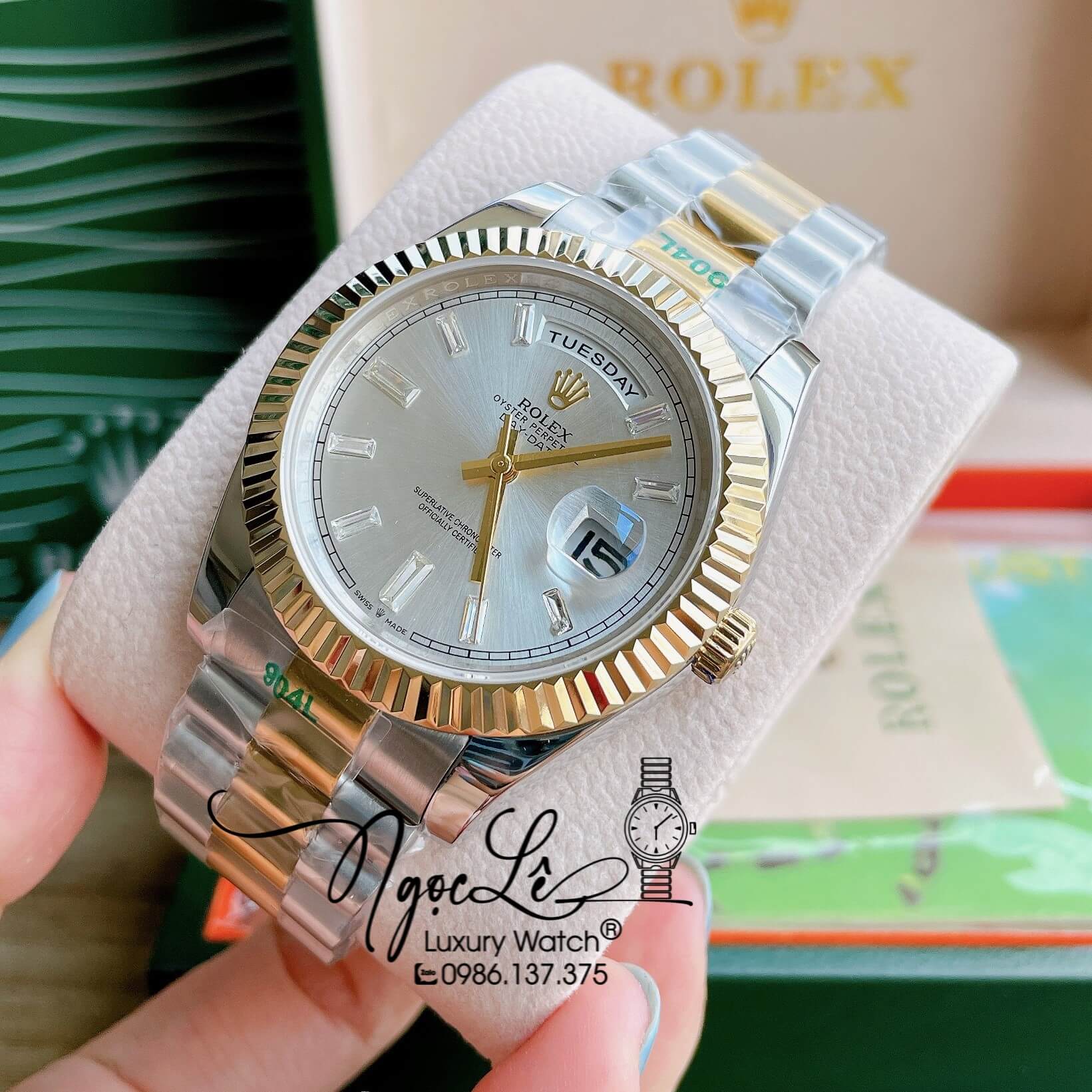 Đồng Hồ Rolex Day-Date Automatic Nam Dây Kim Loại Demi Mặt Trắng Niềng Khía Size 41mm