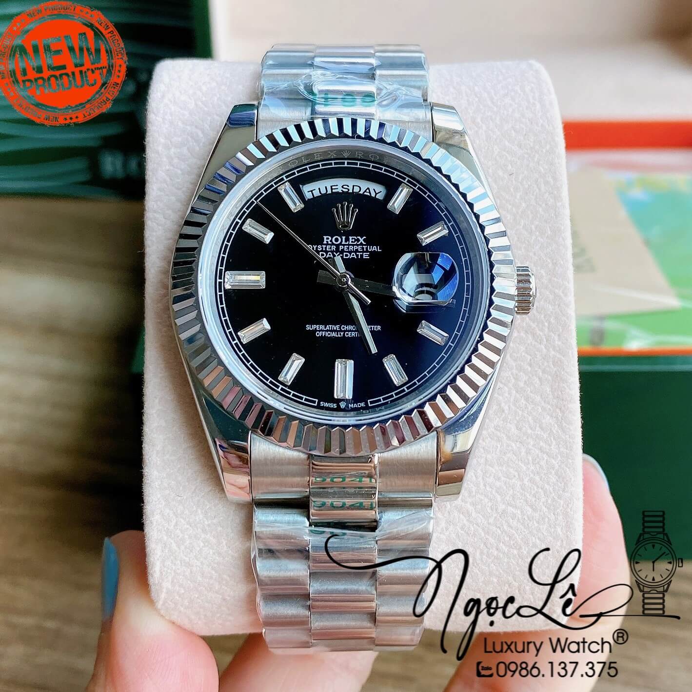 Đồng Hồ Rolex Day-Date Automatic Nam Dây Kim Loại Bạc Mặt Đen Niềng Khía Size 41mm