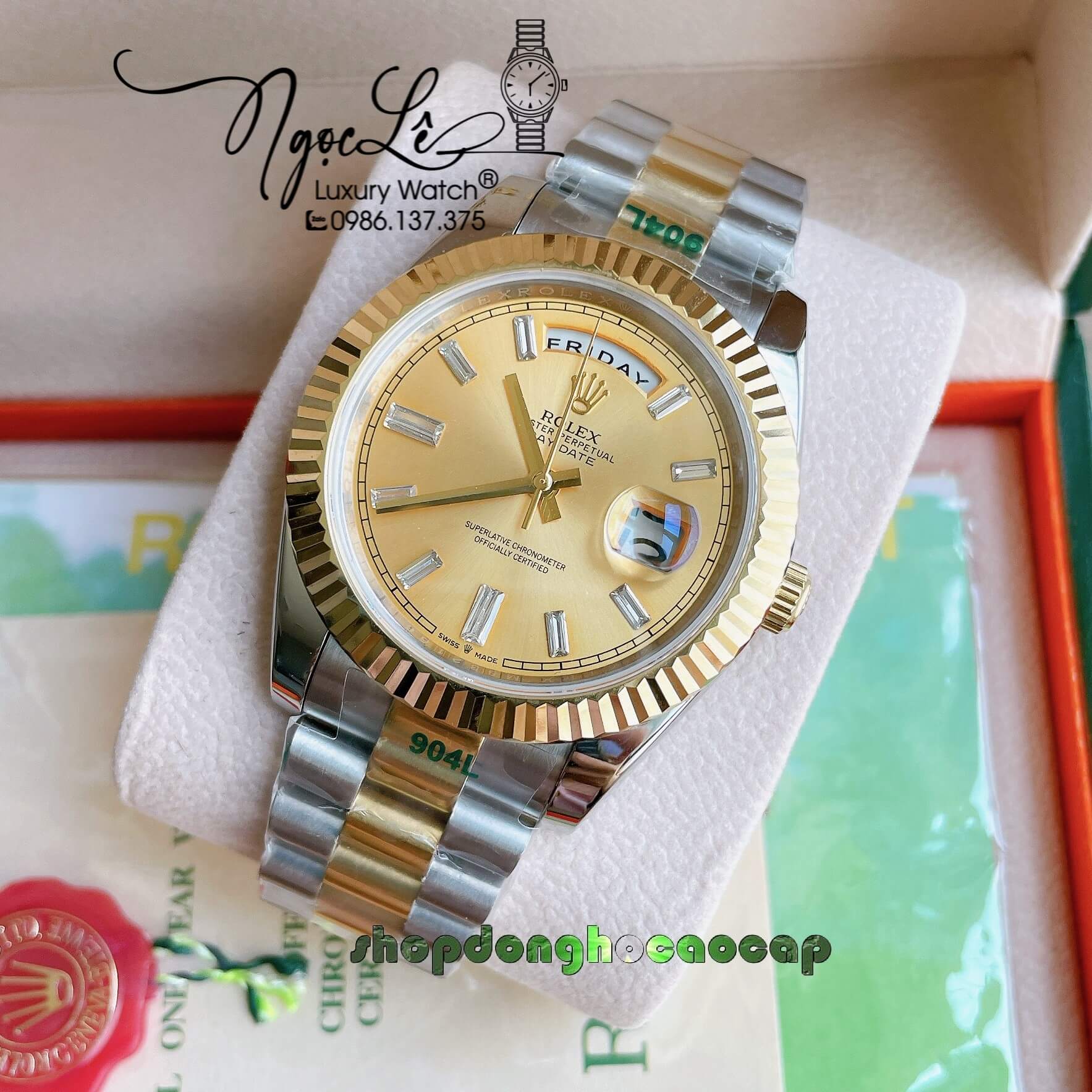 Đồng Hồ Rolex Day-Date Automatic Nam Dây Kim Loại Demi Mặt Vàng Niềng Khía Size 41mm