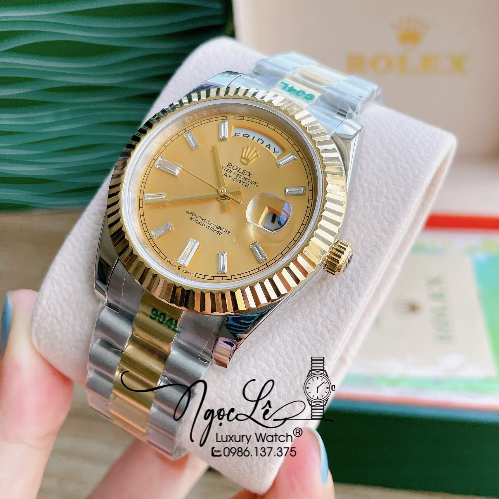 Đồng Hồ Rolex Day-Date Automatic Nam Dây Kim Loại Demi Mặt Vàng Niềng Khía Size 41mm