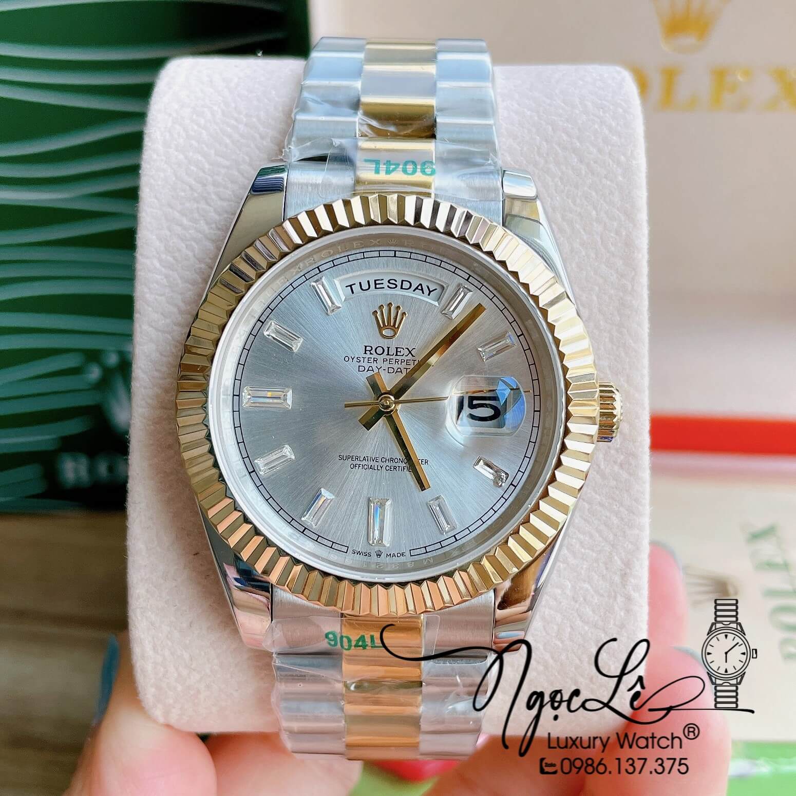 Đồng Hồ Rolex Day-Date Automatic Nam Dây Kim Loại Demi Mặt Trắng Niềng Khía Size 41mm