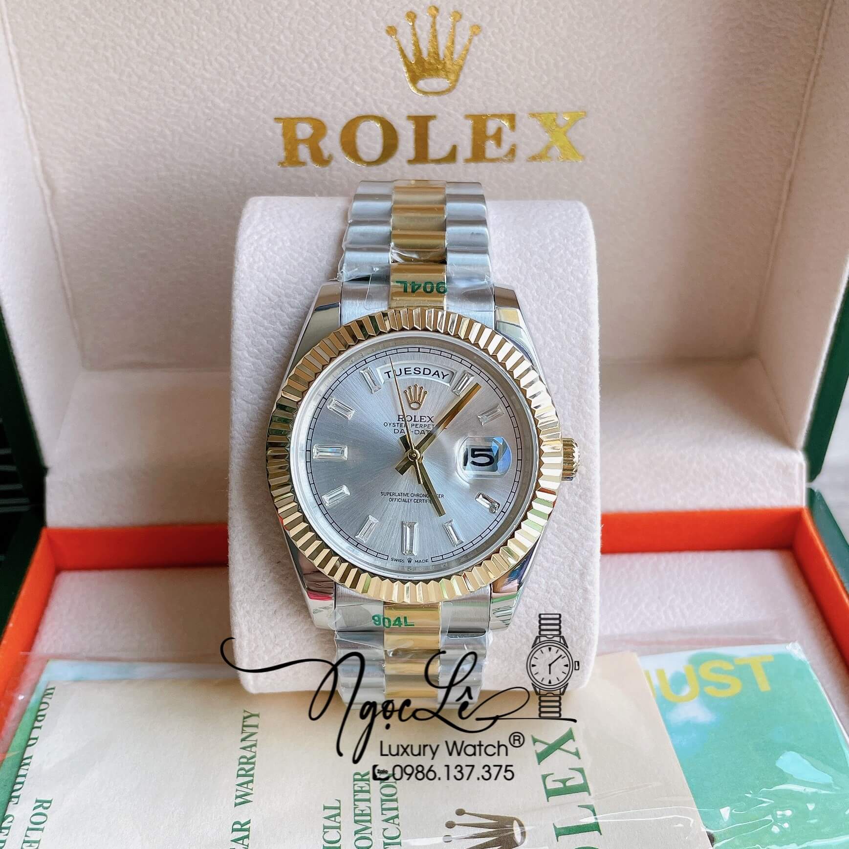 Đồng Hồ Rolex Day-Date Automatic Nam Dây Kim Loại Demi Mặt Trắng Niềng Khía Size 41mm