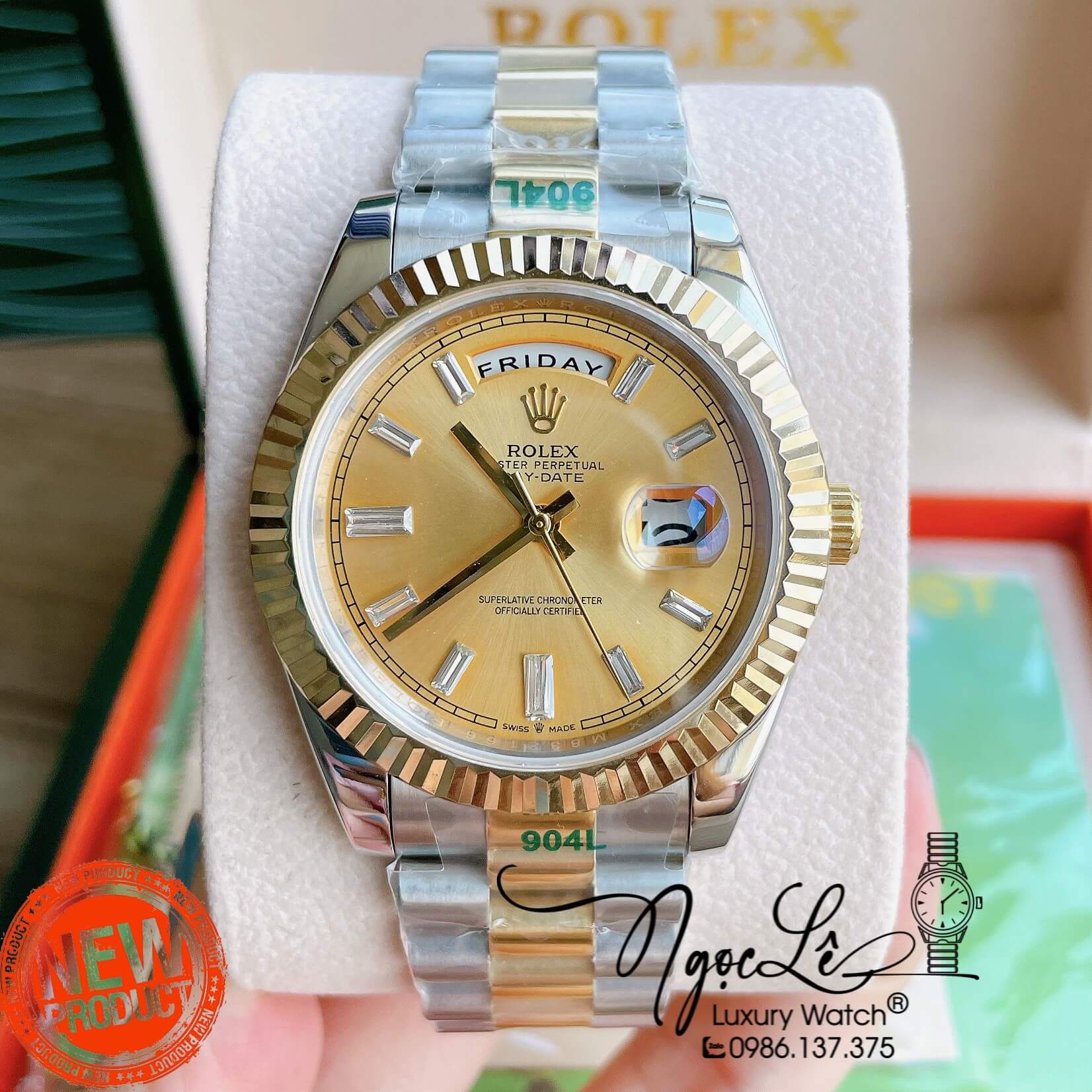 Đồng Hồ Rolex Day-Date Automatic Nam Dây Kim Loại Demi Mặt Vàng Niềng Khía Size 41mm