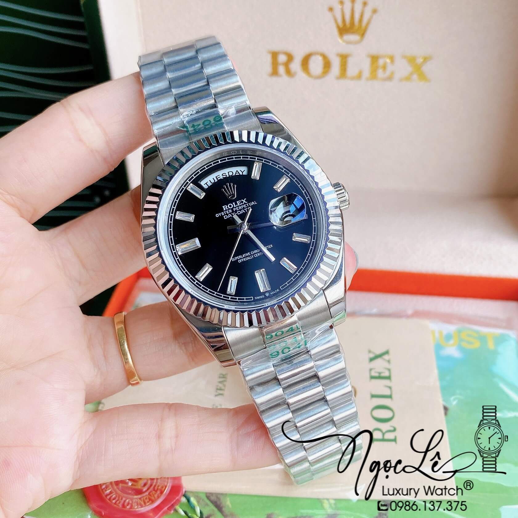 Đồng Hồ Rolex Day-Date Automatic Nam Dây Kim Loại Bạc Mặt Đen Niềng Khía Size 41mm