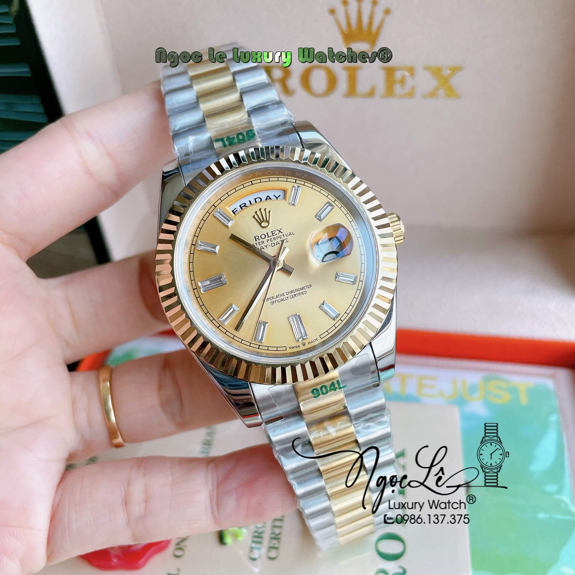 Đồng Hồ Rolex Day-Date Automatic Nam Dây Kim Loại Demi Mặt Vàng Niềng Khía Size 41mm