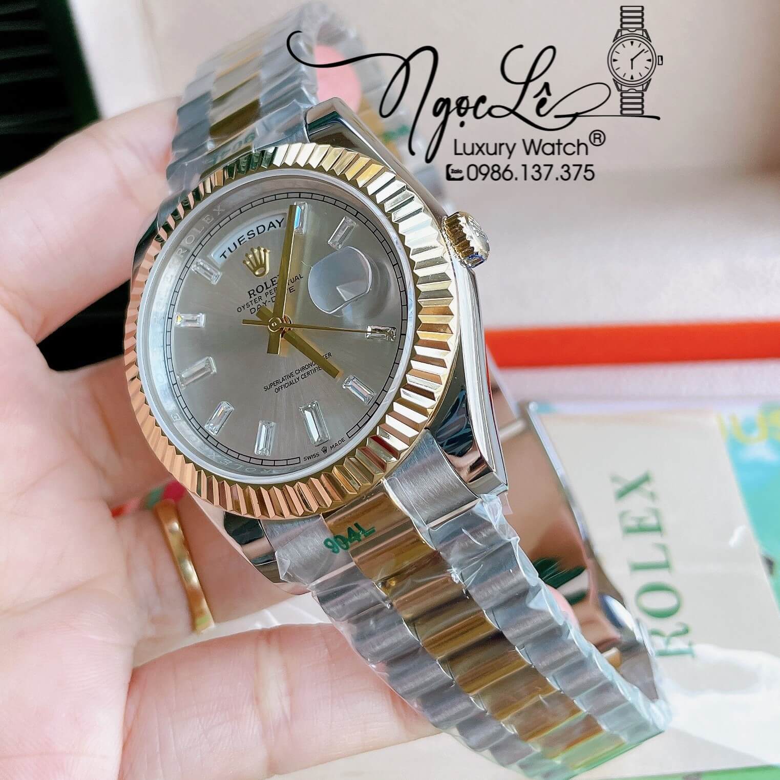 Đồng Hồ Rolex Day-Date Automatic Nam Dây Kim Loại Demi Mặt Trắng Niềng Khía Size 41mm