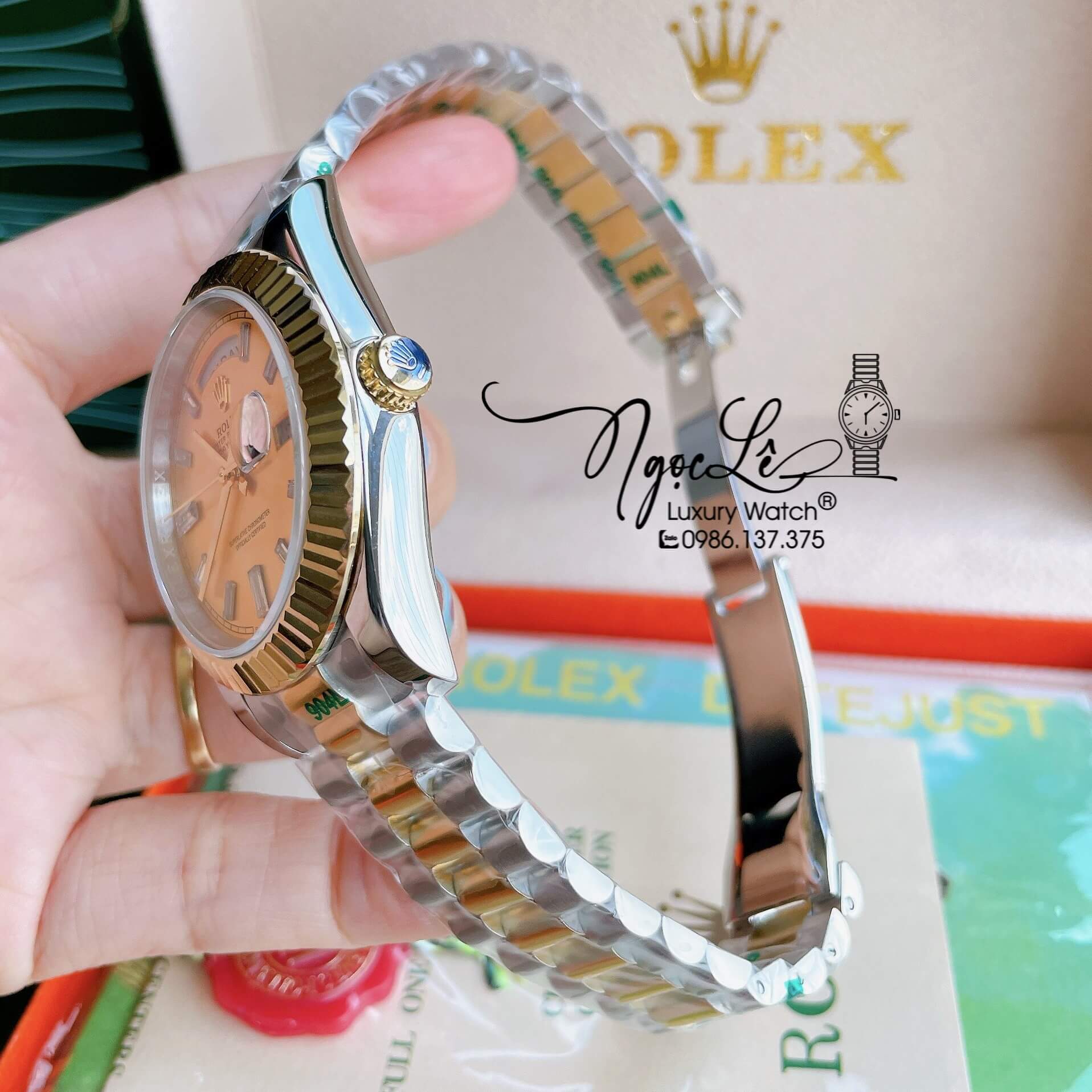 Đồng Hồ Rolex Day-Date Automatic Nam Dây Kim Loại Demi Mặt Vàng Niềng Khía Size 41mm