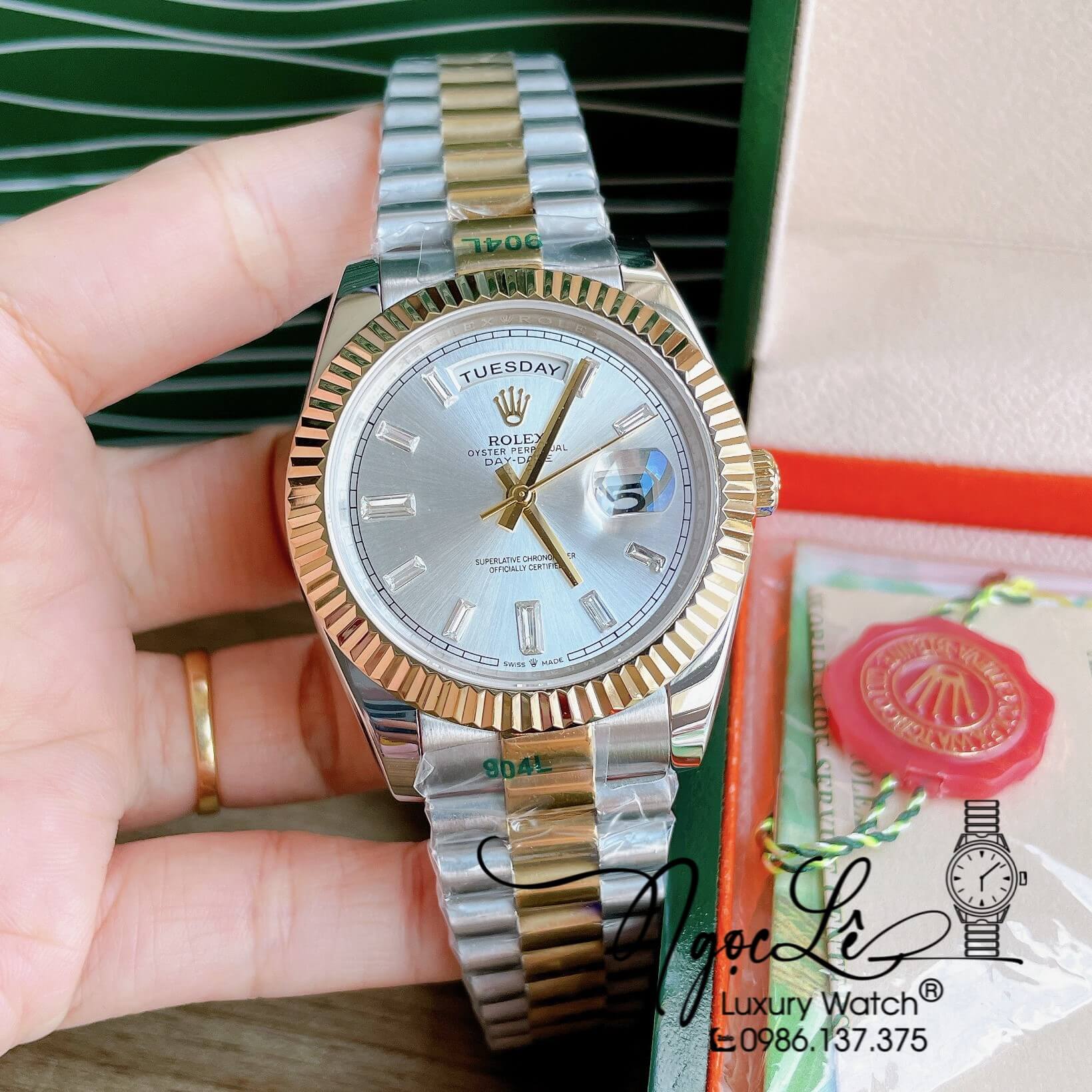 Đồng Hồ Rolex Day-Date Automatic Nam Dây Kim Loại Demi Mặt Trắng Niềng Khía Size 41mm