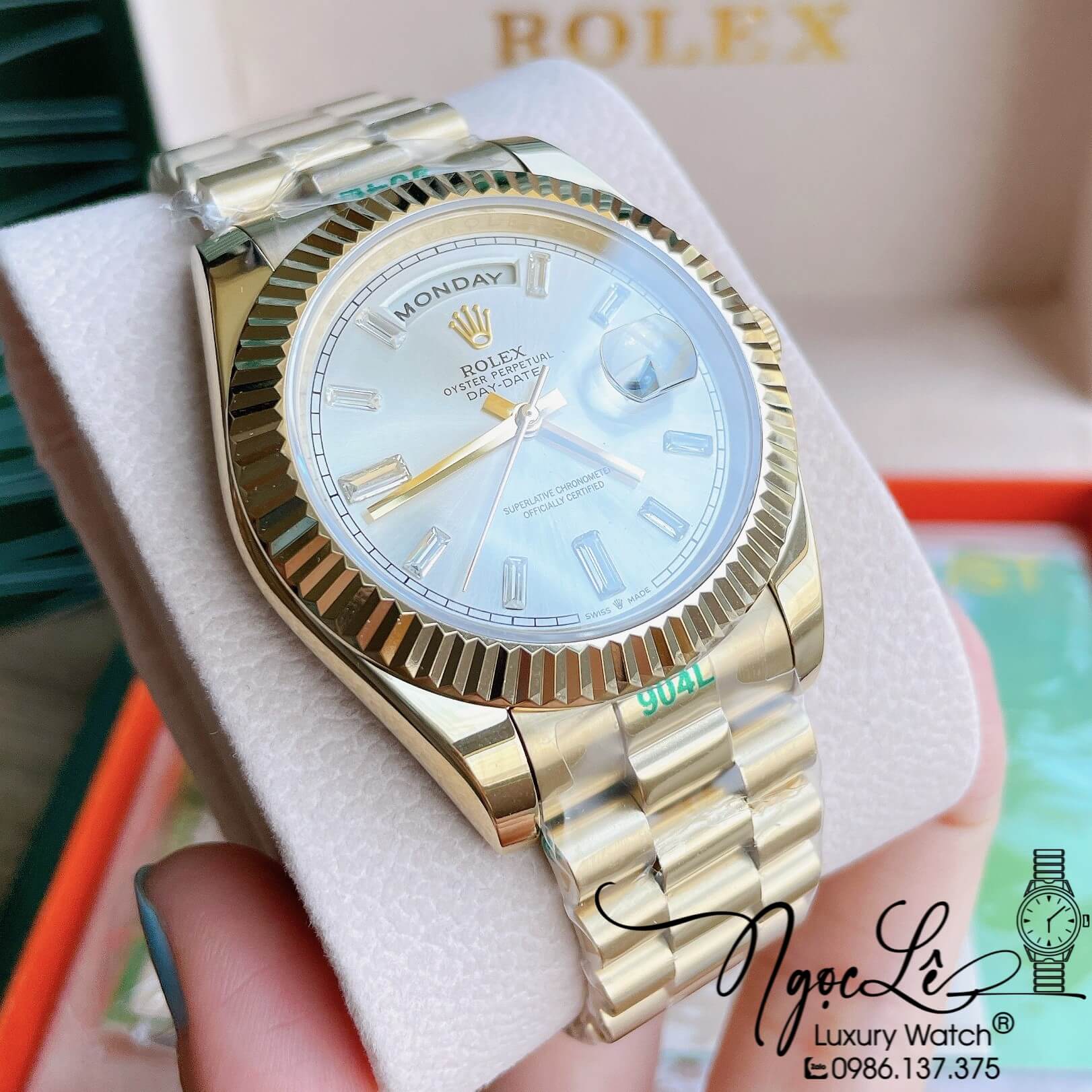 Đồng Hồ Rolex Day-Date Automatic Nam Dây Kim Loại Vàng Mặt Trắng Niềng Khía Size 41mm