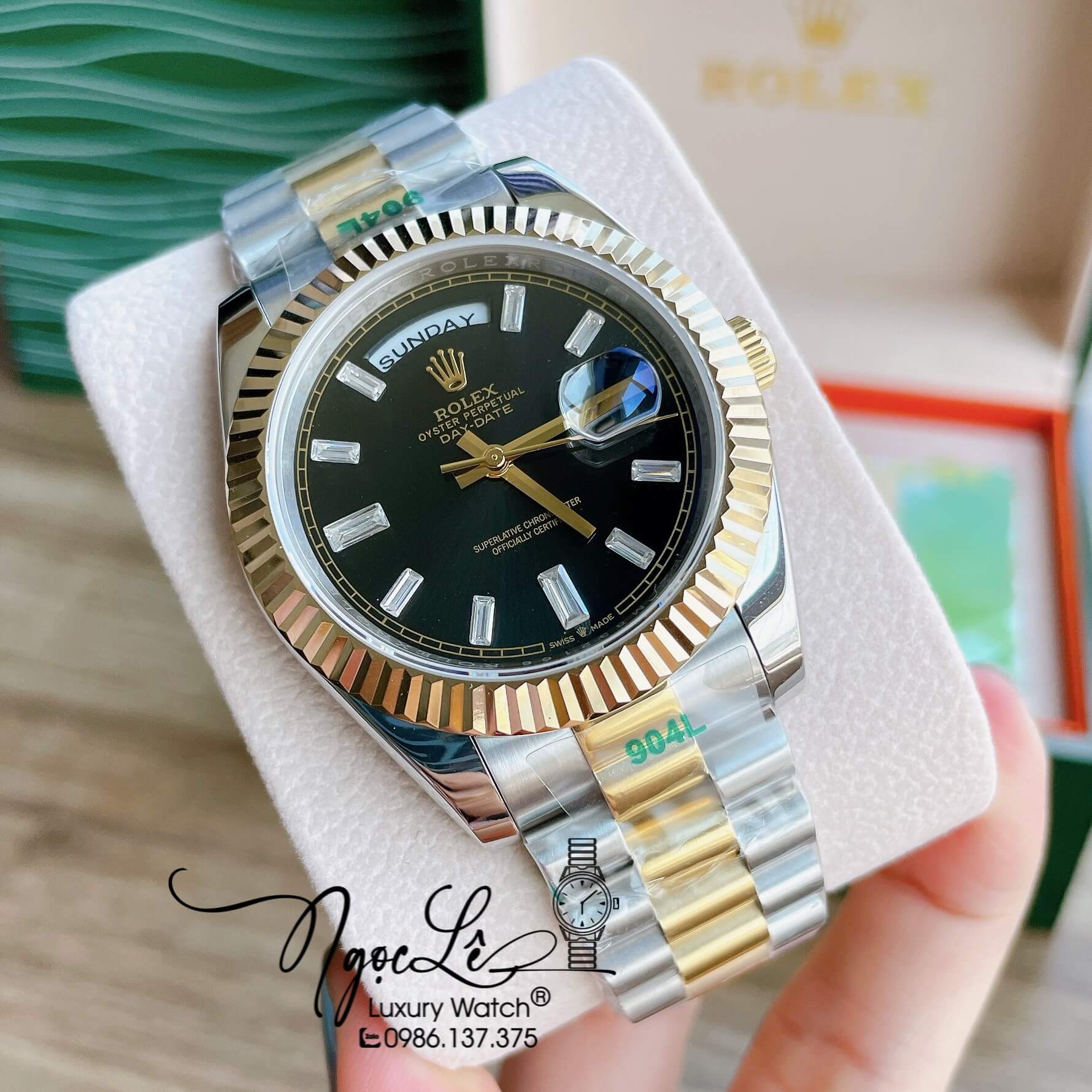 Đồng Hồ Rolex Day-Date Automatic Nam Dây Kim Loại Demi Mặt Đen Niềng Khía Size 41mm