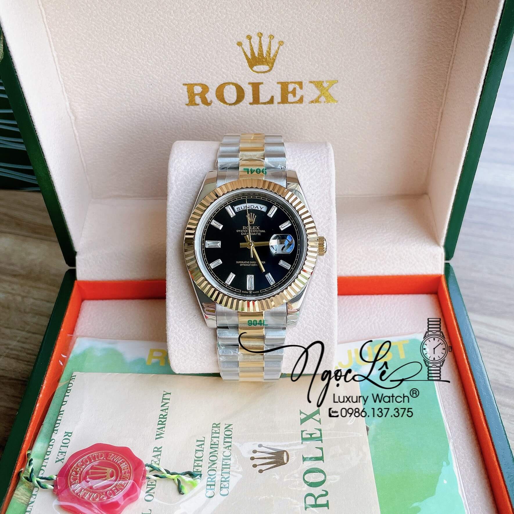 Đồng Hồ Rolex Day-Date Automatic Nam Dây Kim Loại Demi Mặt Đen Niềng Khía Size 41mm