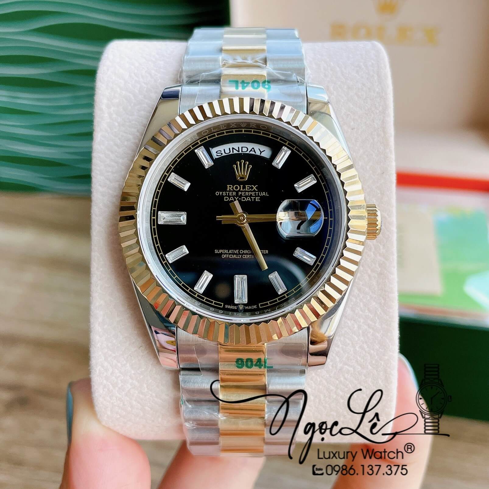 Đồng Hồ Rolex Day-Date Automatic Nam Dây Kim Loại Demi Mặt Đen Niềng Khía Size 41mm