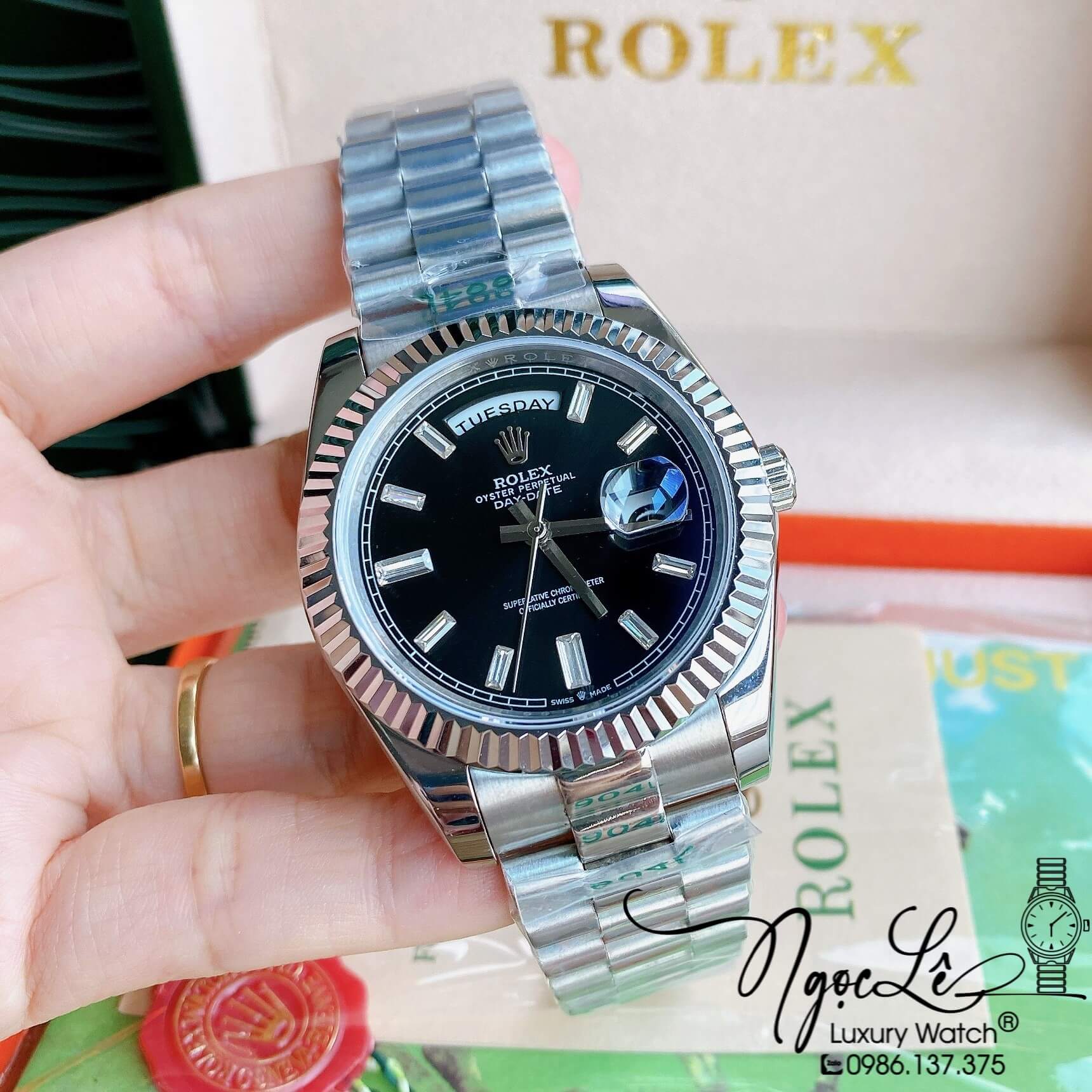 Đồng Hồ Rolex Day-Date Automatic Nam Dây Kim Loại Bạc Mặt Đen Niềng Khía Size 41mm