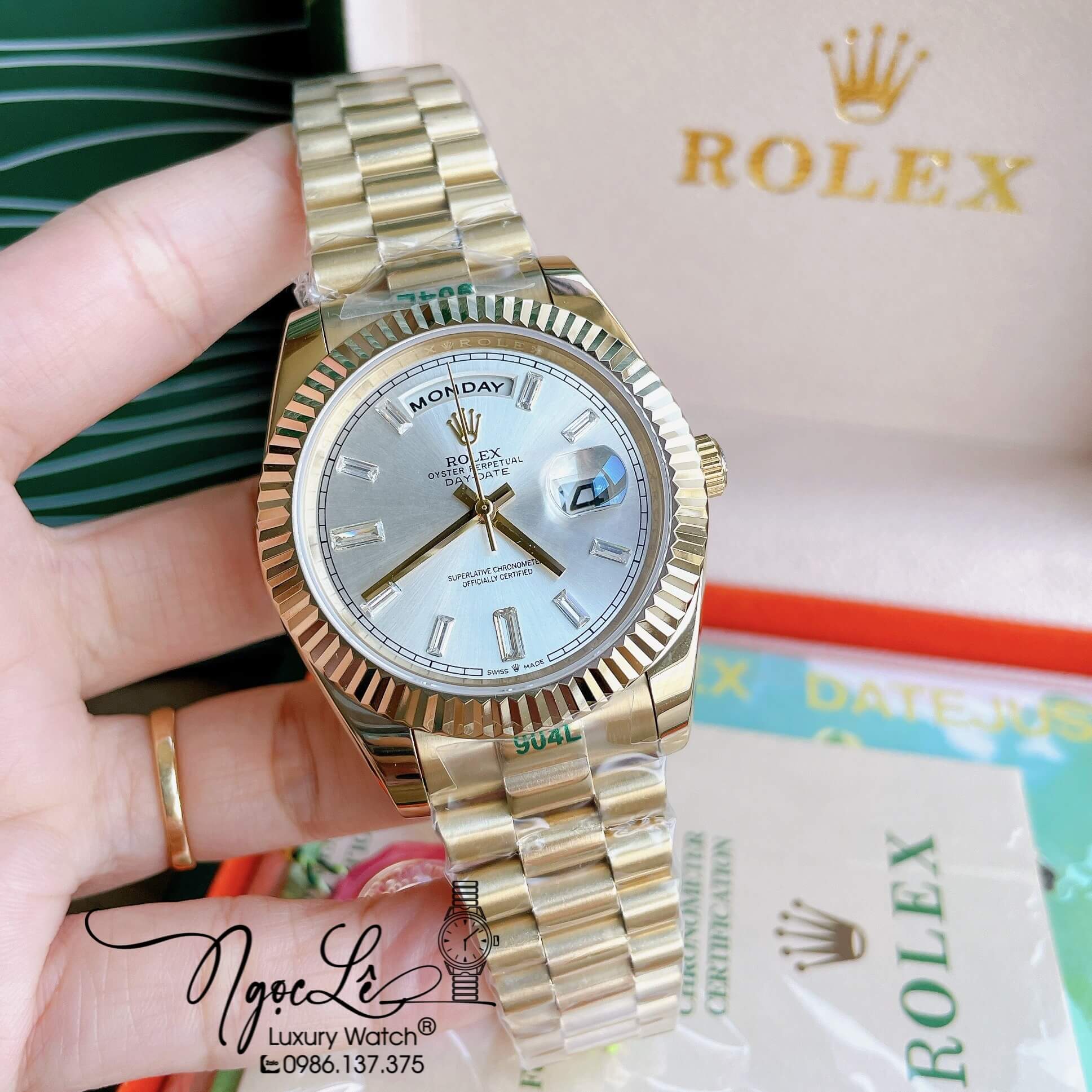 Đồng Hồ Rolex Day-Date Automatic Nam Dây Kim Loại Vàng Mặt Trắng Niềng Khía Size 41mm