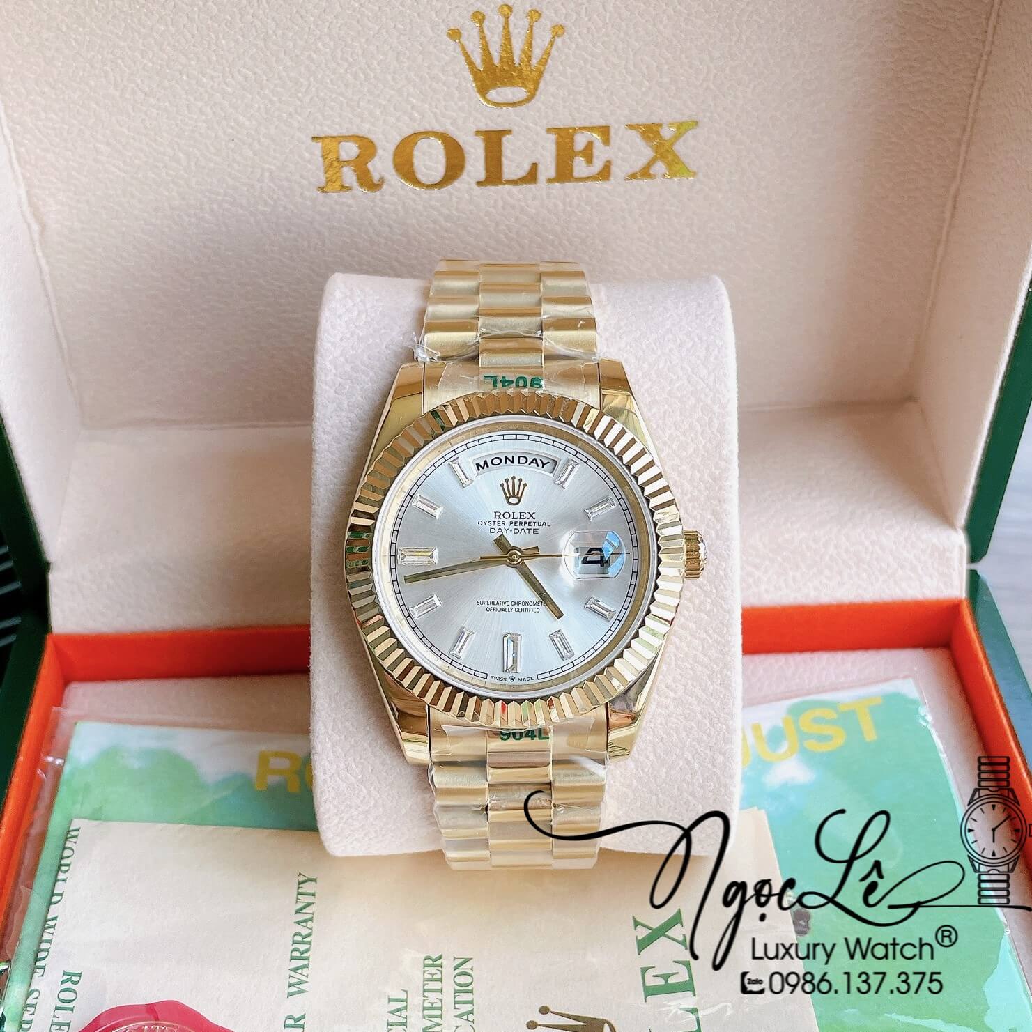 Đồng Hồ Rolex Day-Date Automatic Nam Dây Kim Loại Vàng Mặt Trắng Niềng Khía Size 41mm