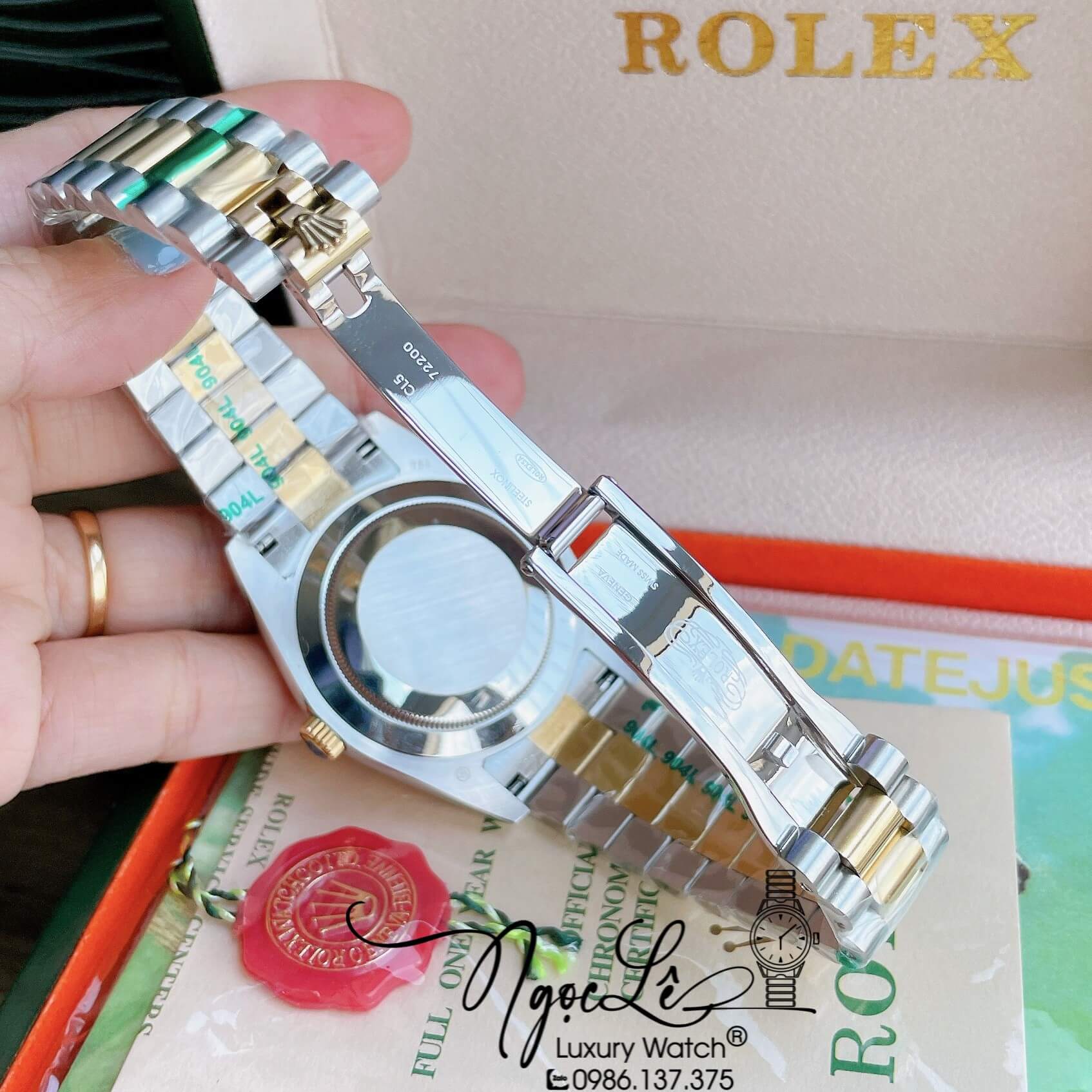 Đồng Hồ Rolex Day-Date Automatic Nam Dây Kim Loại Demi Mặt Đen Niềng Khía Size 41mm