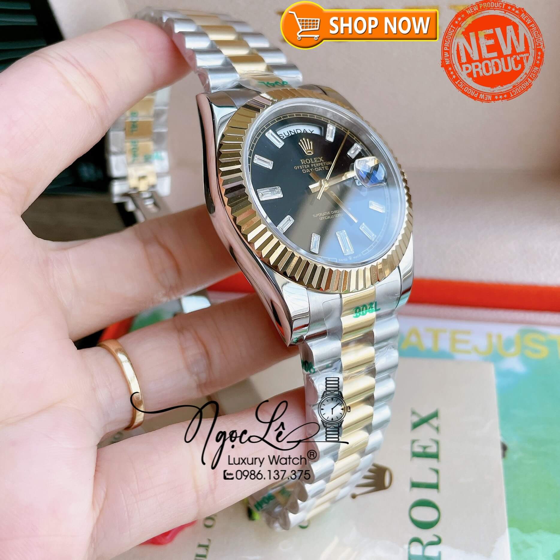 Đồng Hồ Rolex Day-Date Automatic Nam Dây Kim Loại Demi Mặt Đen Niềng Khía Size 41mm